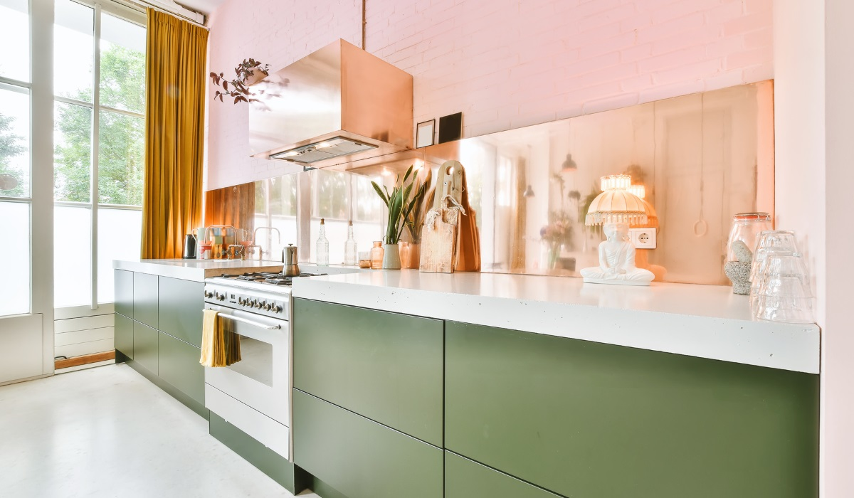Kitchen Summer-Colours Makeover: Painting Your Kitchen Cabinets for Spring & Summer -  cabinetry colour ideas - sage green lowe rcabinets and coral pink upper cabinets