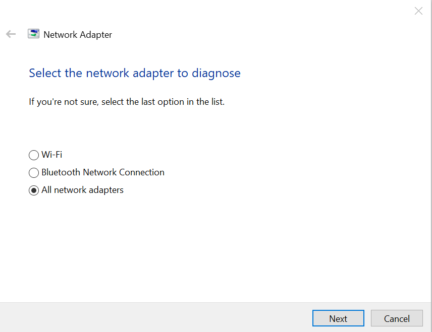 Network adapter diagnose menu