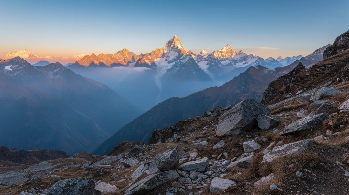 The image depicts a breathtaking Himalayan mountain landscape at sunrise, showcasing rocky terrain under a clear blue sky. This serene setting highlights the natural beauty associated with pure Himalayan shilajit, a substance known for its mineral content and potential health benefits in ayurvedic medicine.