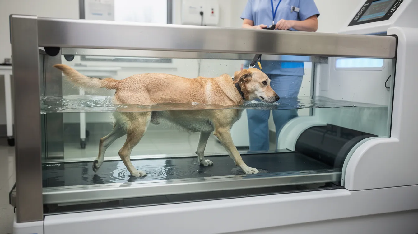 A dog is walking on an underwater treadmill during a hydrotherapy session, designed to help manage chronic pain and enhance pain control through physical therapy. This alternative therapy is often used for dogs experiencing joint pain or recovering from severe trauma.