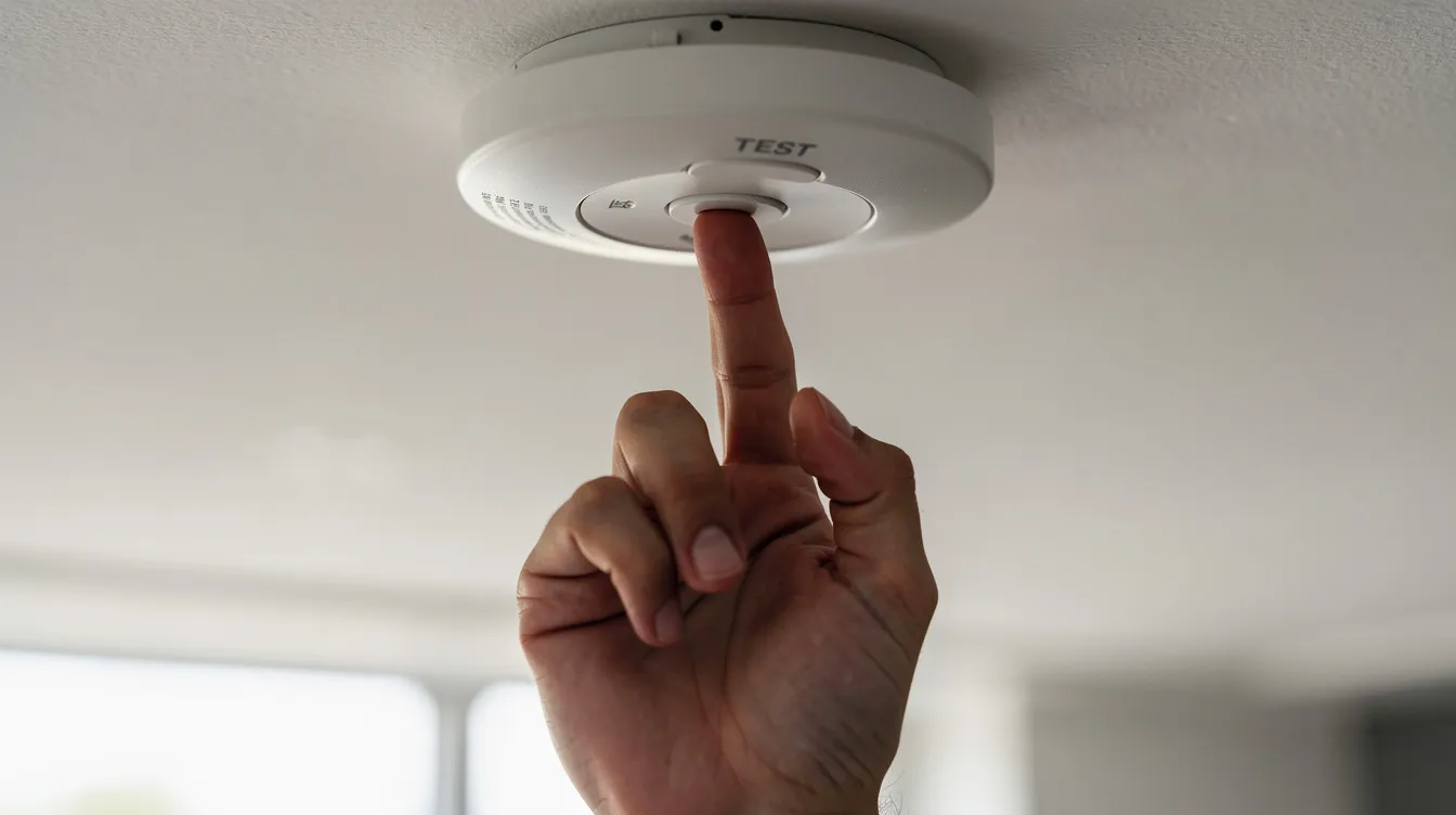 A close-up view of a person's hand pressing the test button on a ceiling-mounted smoke detector, ensuring that the smoke alarms are working properly as part of essential fall home maintenance tips to protect against potential fire hazards during the cooler weather.