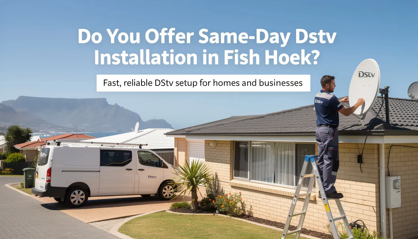 The image features a professional DStv installer in Fish Hoek, skillfully setting up a satellite dish for optimal signal quality. The technician is equipped with tools, ensuring a smooth installation process for DStv services, catering to both residential and commercial needs.