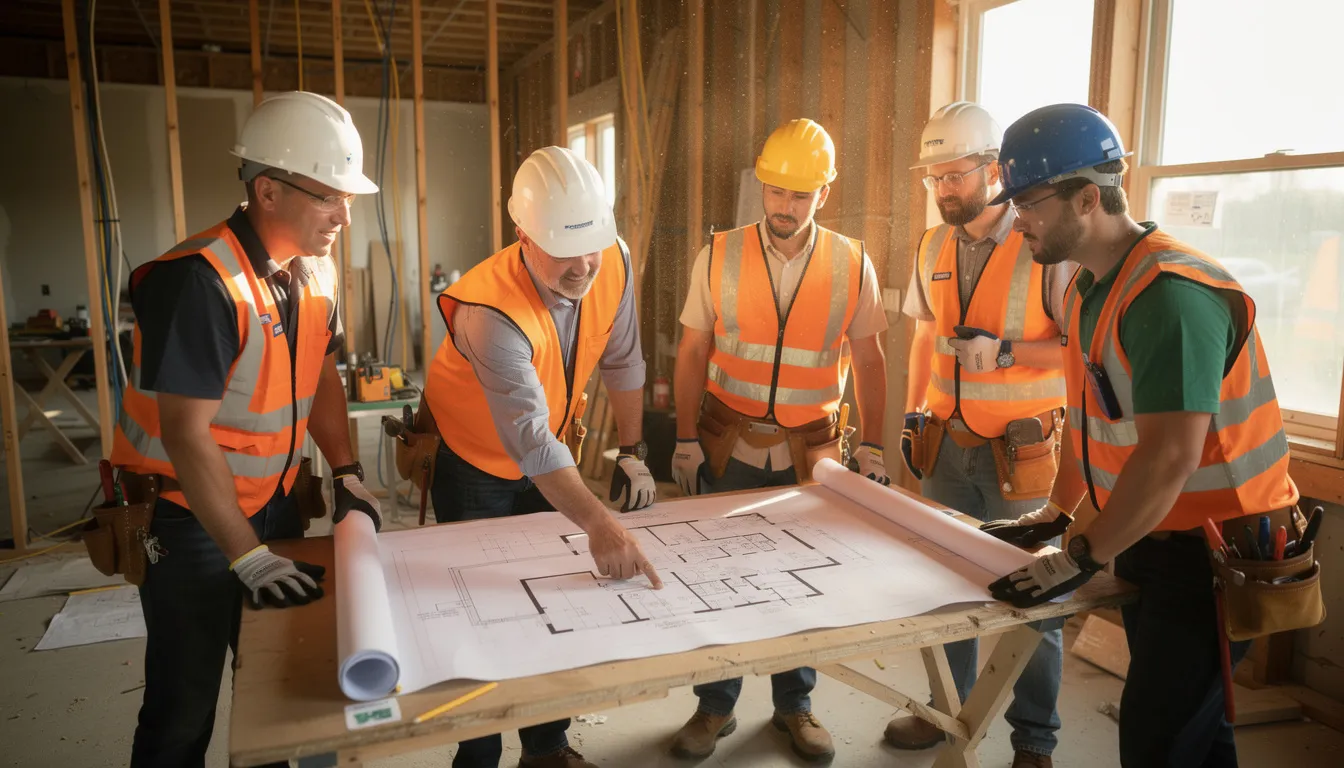 A group of construction workers and contractors are gathered at a renovation site, intently reviewing blueprints for a fix and flip project. They are discussing the renovation process and analyzing comparable sales to ensure efficient project management and accurate assessments of property values.