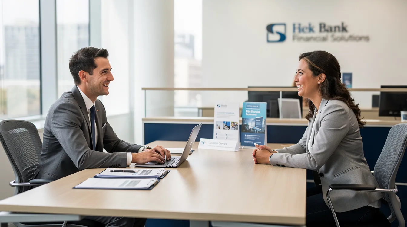 969f54cf 3e71 4471 a414 14bbd861817b The image depicts two professionals engaged in a discussion across a desk in a bank office, likely reviewing documents related to business loans, including eligibility for the Pradhan Mantri Mudra Yojana. The setting suggests a focus on financial assistance for small businesses, highlighting the importance of a solid business plan and the necessary documents required for loan applications.