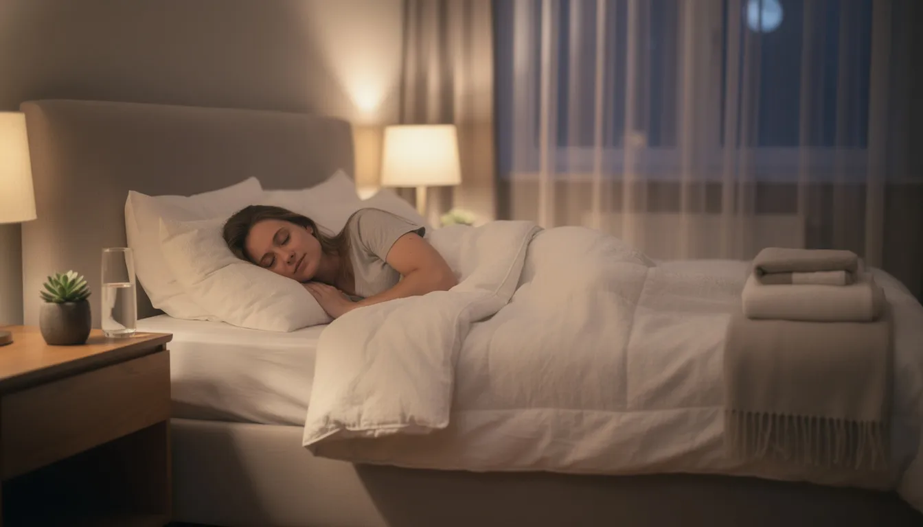 The image depicts a peaceful woman sleeping soundly in a comfortable bedroom, surrounded by soft bedding and a serene atmosphere, which supports restful sleep. This tranquil setting is ideal for perimenopausal and menopausal women seeking to improve their sleep quality and manage menopause symptoms such as night sweats and mood swings.