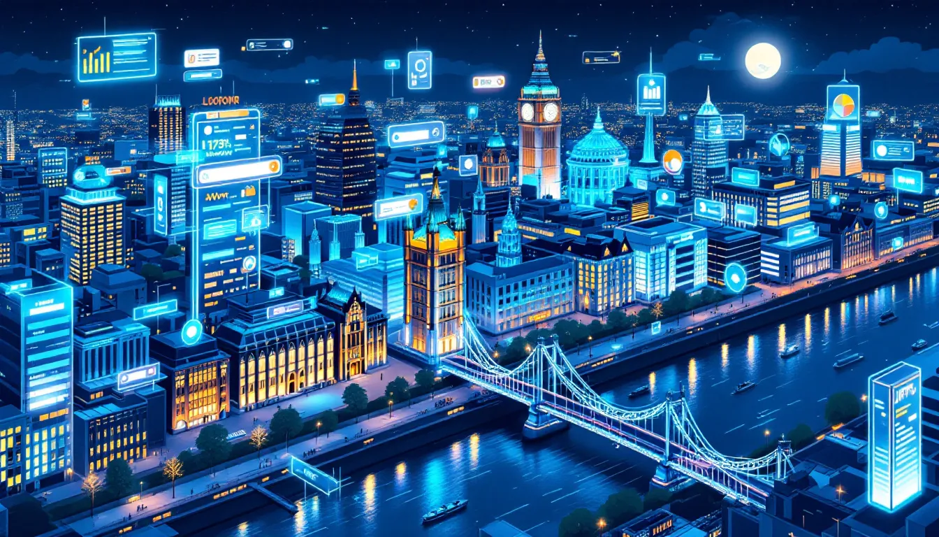 The image depicts a vibrant and dynamic representation of the London search marketing landscape, showcasing various elements of digital marketing, including search engine optimisation and paid search strategies. It highlights the competitive market and the role of search marketing agencies in enhancing online visibility and driving website traffic for ambitious brands.