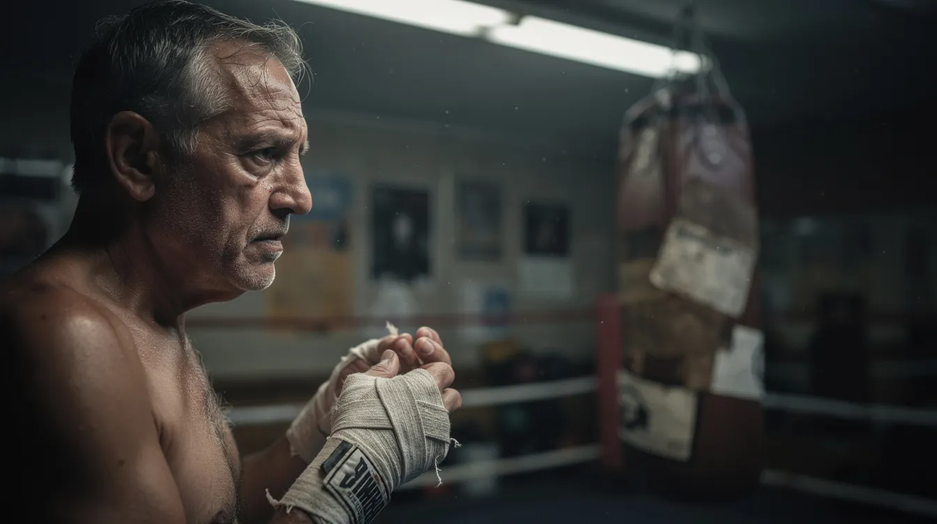 Eine Nahaufnahme eines älteren Boxers mit müdem Gesichtsausdruck, der in einem schummrigen Gym auf einen Boxsack blickt, vermittelt die Atmosphäre von Entschlossenheit und Kampfgeist, ähnlich wie in der Rocky-Saga. Der Boxer, der an seine Karriere und die Herausforderungen im Ring denkt, strahlt die Erfahrung und das Drama eines Underdog-Kampfes aus.