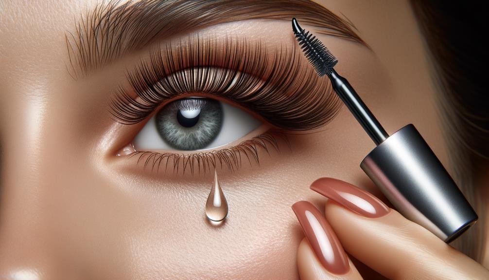 A close-up of a woman's eye with long, healthy and strong eyelashes, holding an eyelash serum applicator near her eye, reflecting a perfect eyelash care routine.