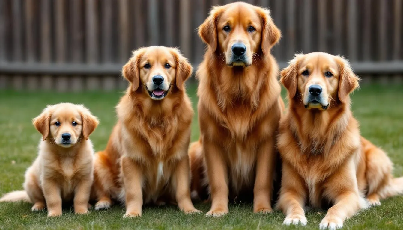 Four goldendoodles of varying sizes, from a petite mini goldendoodle to a larger standard goldendoodle, sit together, showcasing their diverse size variations. These energetic dogs, known for their playful nature and hypoallergenic qualities, reflect the characteristics of their parent breeds, golden retrievers and poodles.