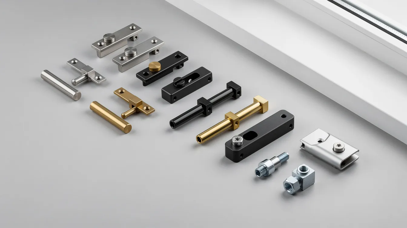 Various materials used in window security locks.