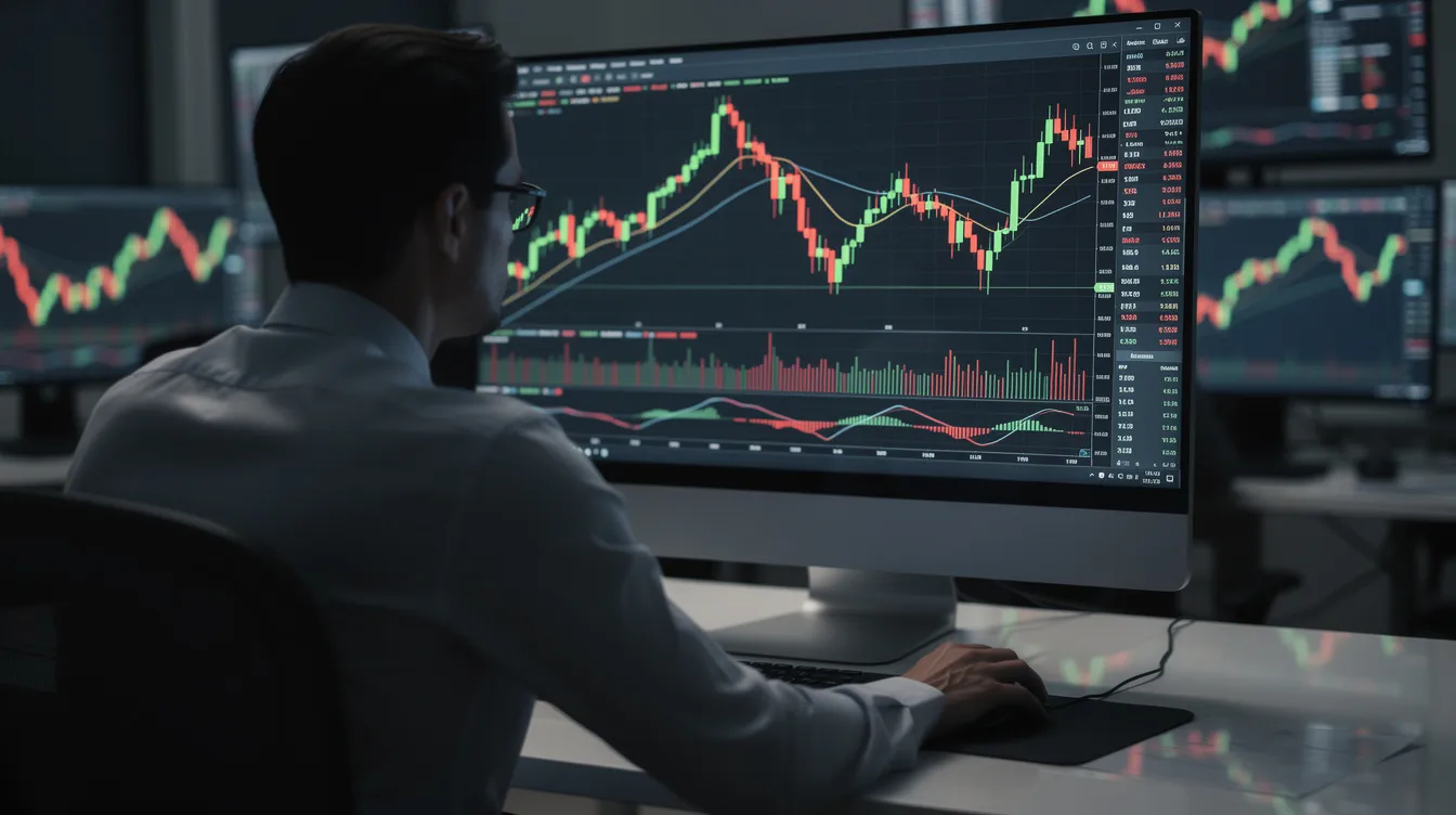 The image depicts a trader focused on analyzing candlestick charts displayed on a desktop screen, highlighting green and red price movements. This scene captures the essence of crypto trading, where experienced traders utilize advanced trading tools to make informed decisions about leverage trading and market movements.