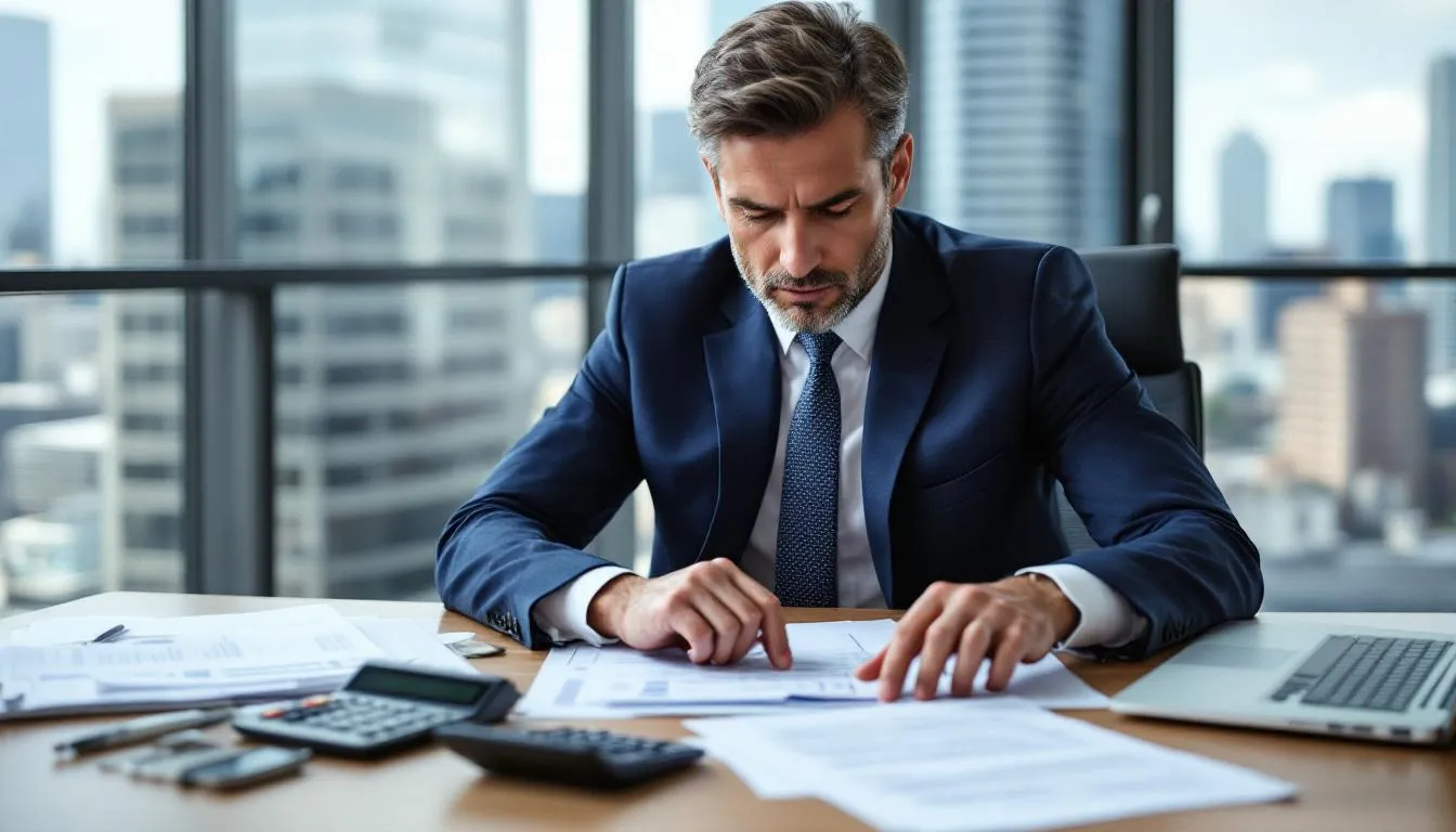 A business owner sits at a desk, reviewing financial documents alongside a calculator, indicating a focus on managing company expenses and statutory payments, such as statutory sick pay (SSP) and other employee benefits. The scene reflects the importance of ensuring compliance with financial regulations while considering living costs and employee support during sickness absence.
