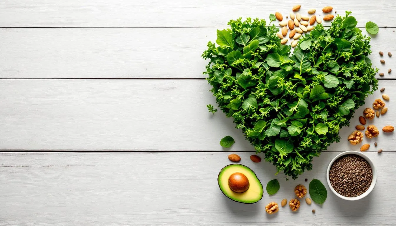 The image features a vibrant heart symbol surrounded by an array of magnesium-rich foods, including nuts, seeds, and leafy greens, emphasizing the importance of dietary magnesium intake for maintaining heart health and managing menopause symptoms. These foods are essential for supporting bone health and improving sleep quality in menopausal women.