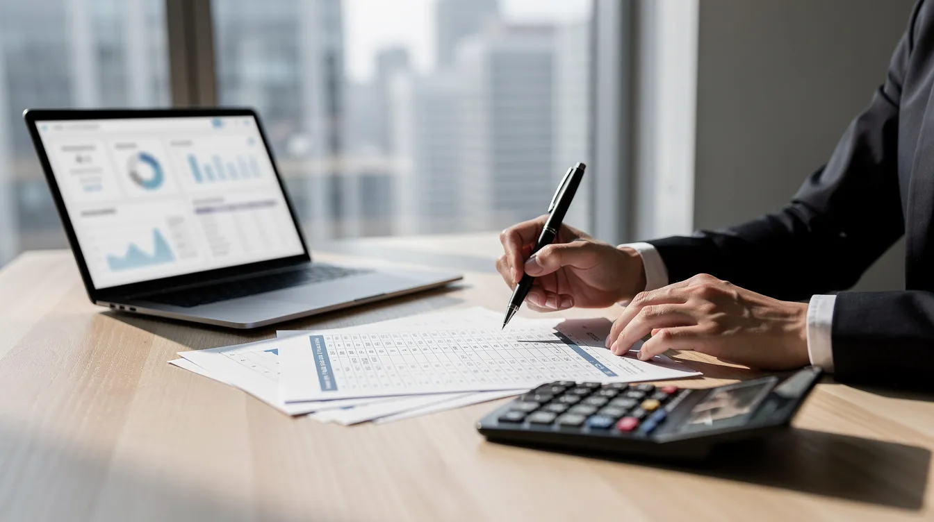 A person is seated at a desk, intently reviewing financial documents alongside a laptop and a calculator, which suggests they are assessing their business credit and personal finances. This scene reflects the careful planning often required for business owners looking to leverage business credit for real estate investing or securing business loans.