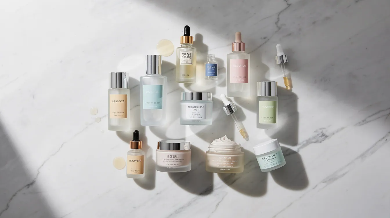 A flat lay arrangement of various Korean skincare products, including bottles of serums, creams, and a hydrating toner, is displayed on a clean marble surface, showcasing the essentials for achieving glass skin. The collection highlights key ingredients like hyaluronic acid and vitamin C, perfect for enhancing skin texture and promoting a radiant, glowing complexion.