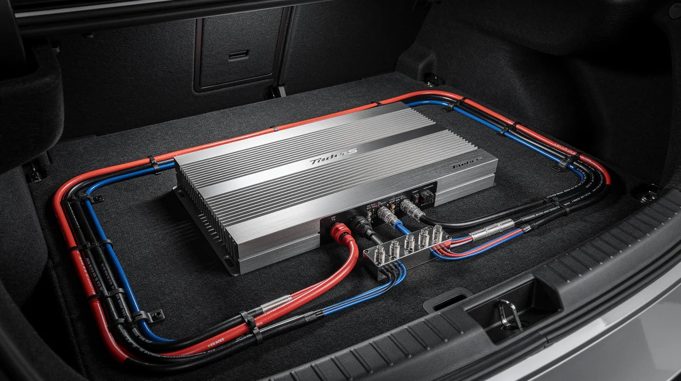 The image shows a car audio amplifier securely mounted in a trunk, surrounded by organized speaker wires and designed for open airflow to help keep it cool. The amplifier features a heat sink and is connected to the head unit, ready to deliver quality sound while playing music at optimal gain settings.