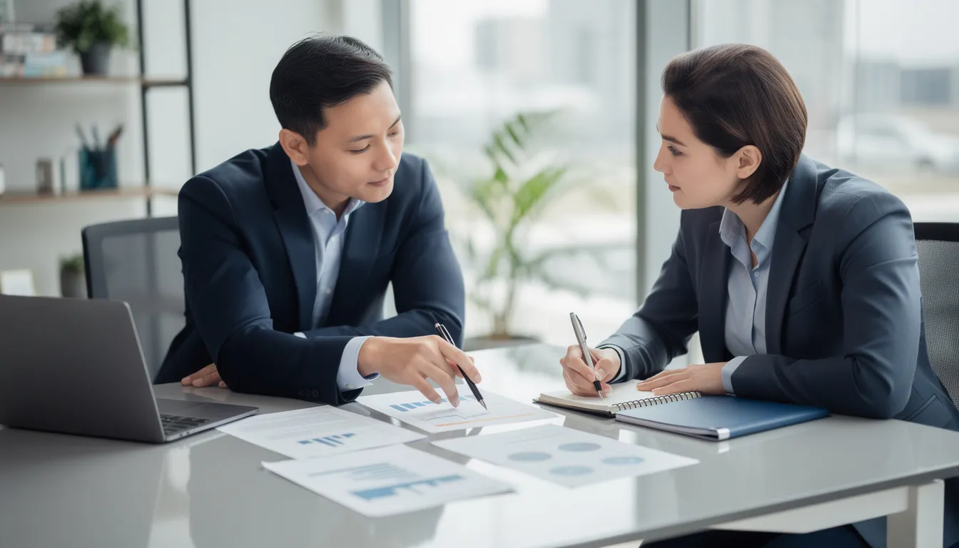 The image depicts a professional consultation meeting where two individuals are engaged in reviewing documents related to immigration services. This setting highlights the importance of guidance from immigration consultants, particularly for those navigating Canadian immigration processes and seeking permanent residency options.