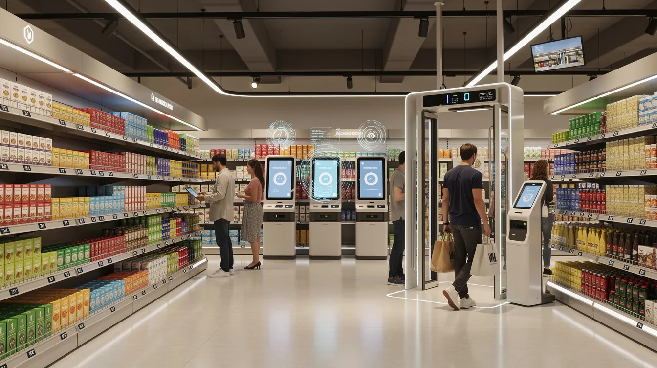 The image depicts a modern retail environment featuring AI-powered smart shelves and automated checkout systems, enhancing customer experience and operational efficiency. These intelligent automation solutions utilize real-time data and predictive analytics to optimize inventory management and personalize shopping experiences for consumers.