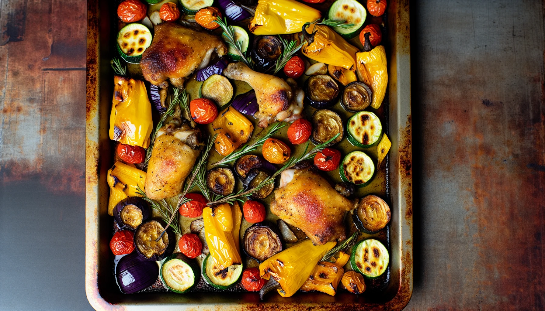 Sheet pan with colorful roasted vegetables and chicken thighs