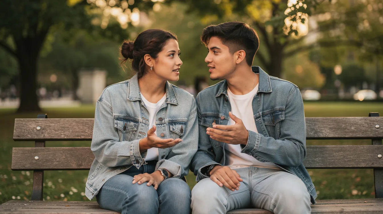 The image shows a group of Gen Z individuals seated on a park bench, engaged in an honest conversation that embodies the essence of a healthy relationship. Their open communication reflects a commitment to emotional safety and connection, emphasizing the importance of discussing relationship issues in a supportive environment.