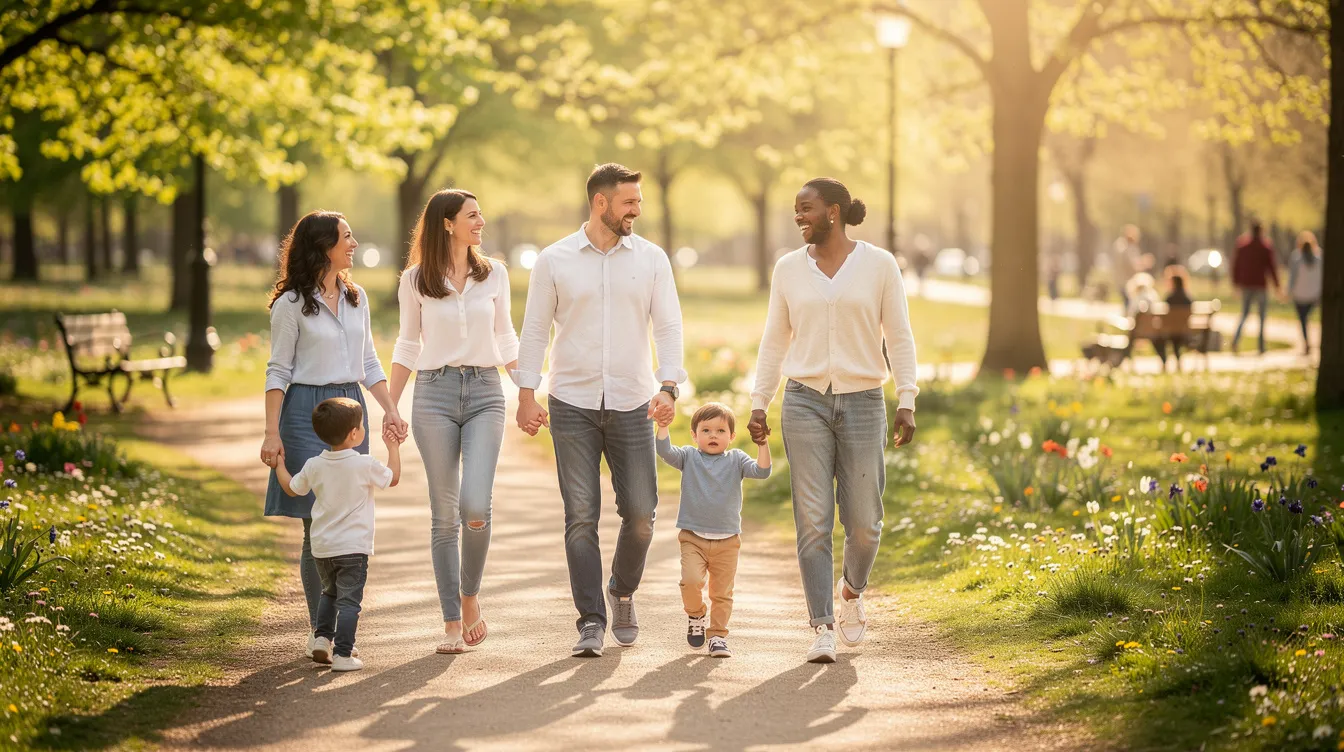 A group of parents and children are walking together in a sunny park, enjoying a leisurely day outdoors. This scene represents family unity and the importance of maintaining relationships, which can be crucial during the collaborative divorce process in Orange County.