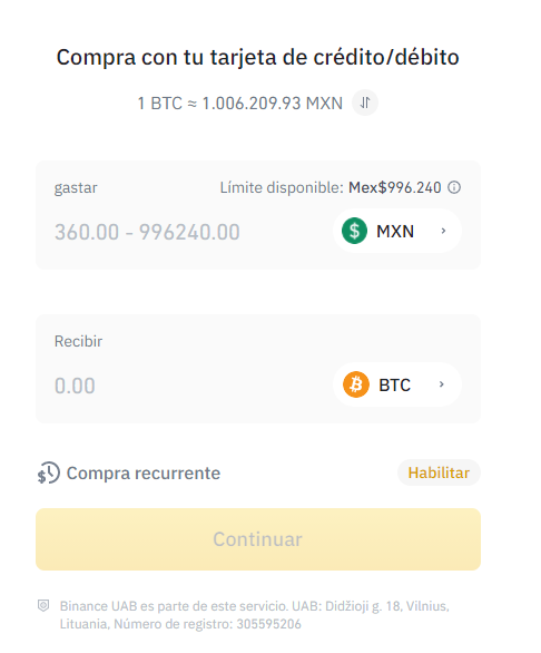 Compra Bitcoin (BTC) con Binance a través de tarjetas de debito o crédito de México.