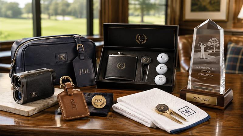Premium golf milestone gift set with a rangefinder, leather accessories, personalized golf balls, divot tool, and crystal recognition award