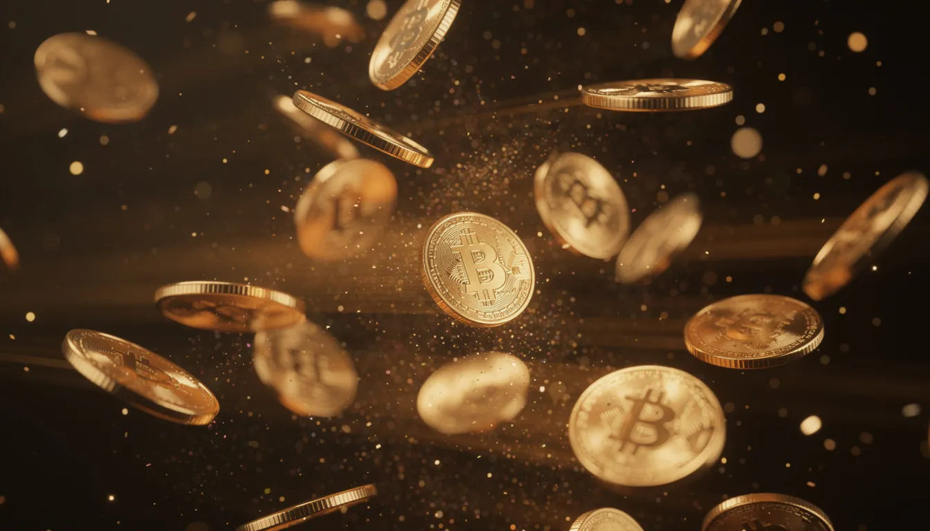 En bild av gyllene mynt som faller nedåt, omgivna av festliga gnistor och ljus, vilket skapar en känsla av glädje och spänning som ofta förknippas med avslappnande casinospel och slots.