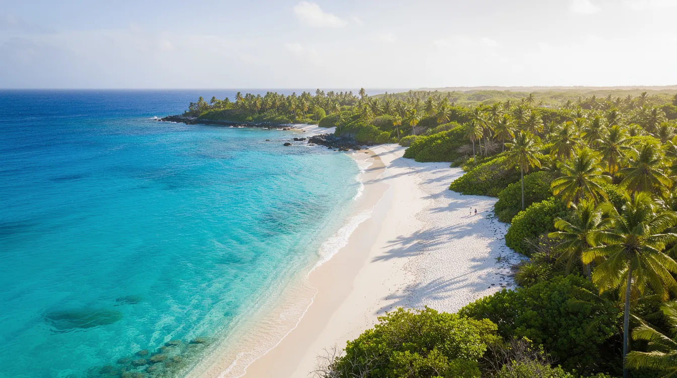 Vista aérea de uma praia caribenha em Cancún, no México, com águas azul-turquesa e uma faixa de areia branca, rodeada por vegetação tropical exuberante. A imagem captura a beleza natural deste destino popular, ideal para turistas que buscam relaxar à beira-mar.