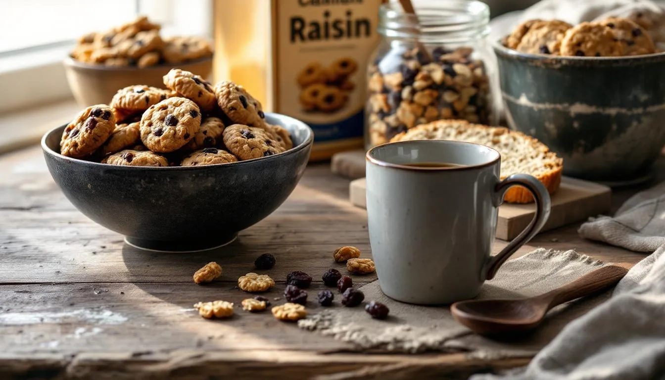 Na kuchennym blacie znajdują się różnorodne produkty spożywcze, w tym suszone rodzynki i świeże winogrona, które są niebezpieczne dla psów. Należy pamiętać, że zjedzenie winogron przez psa może prowadzić do poważnych problemów zdrowotnych, takich jak ostre uszkodzenie nerek.