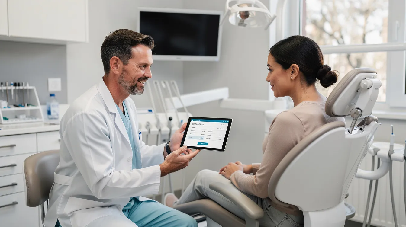 A dental professional is seated at a desk in a modern dental office, discussing the costs of particular treatments and explaining the details of dental services and benefits with a patient. The conversation includes information about the patient's dental insurance plan and how to submit a dental claim form for reimbursement.