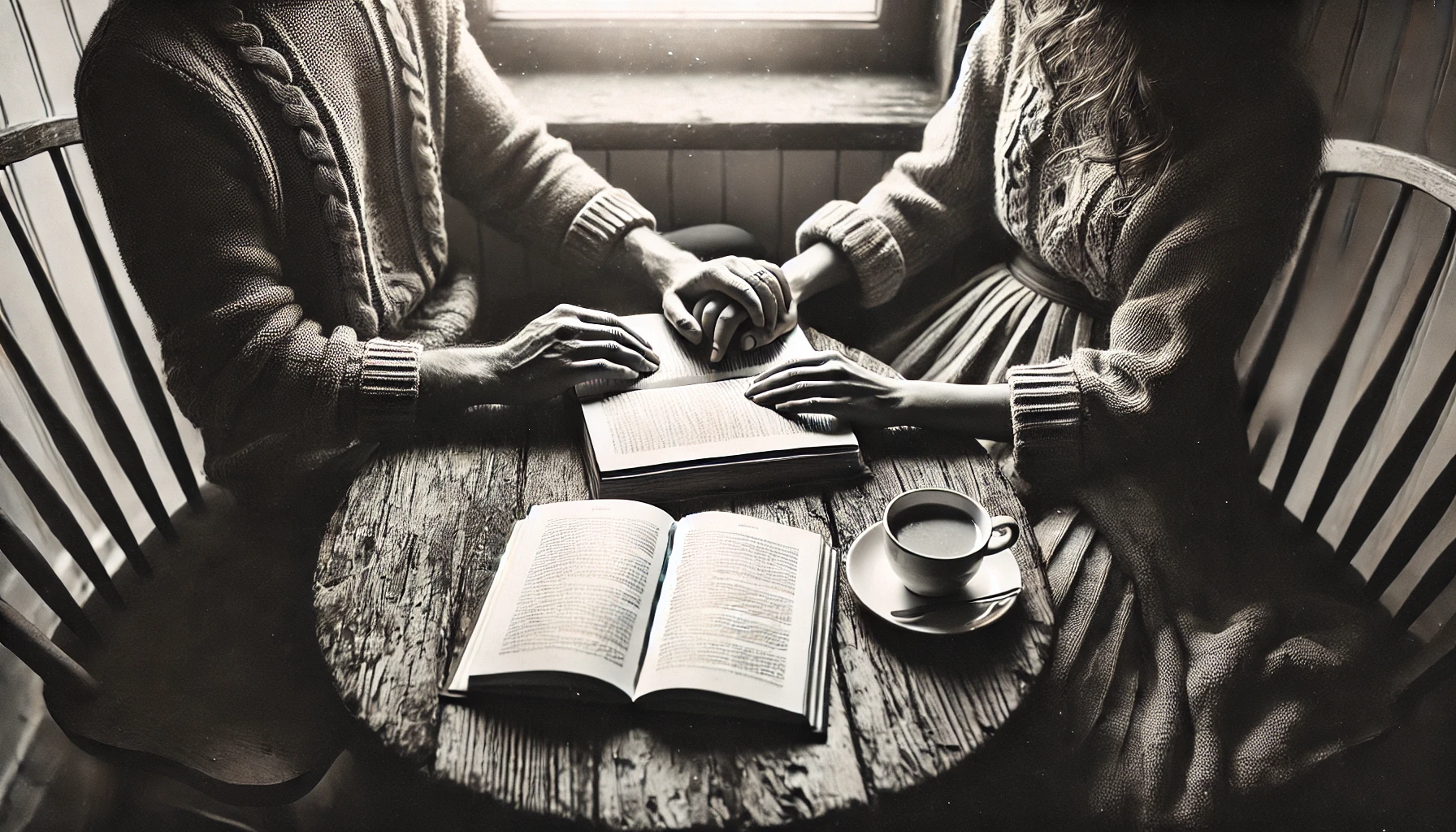 A couple sitting at a rustic wooden table holding hands