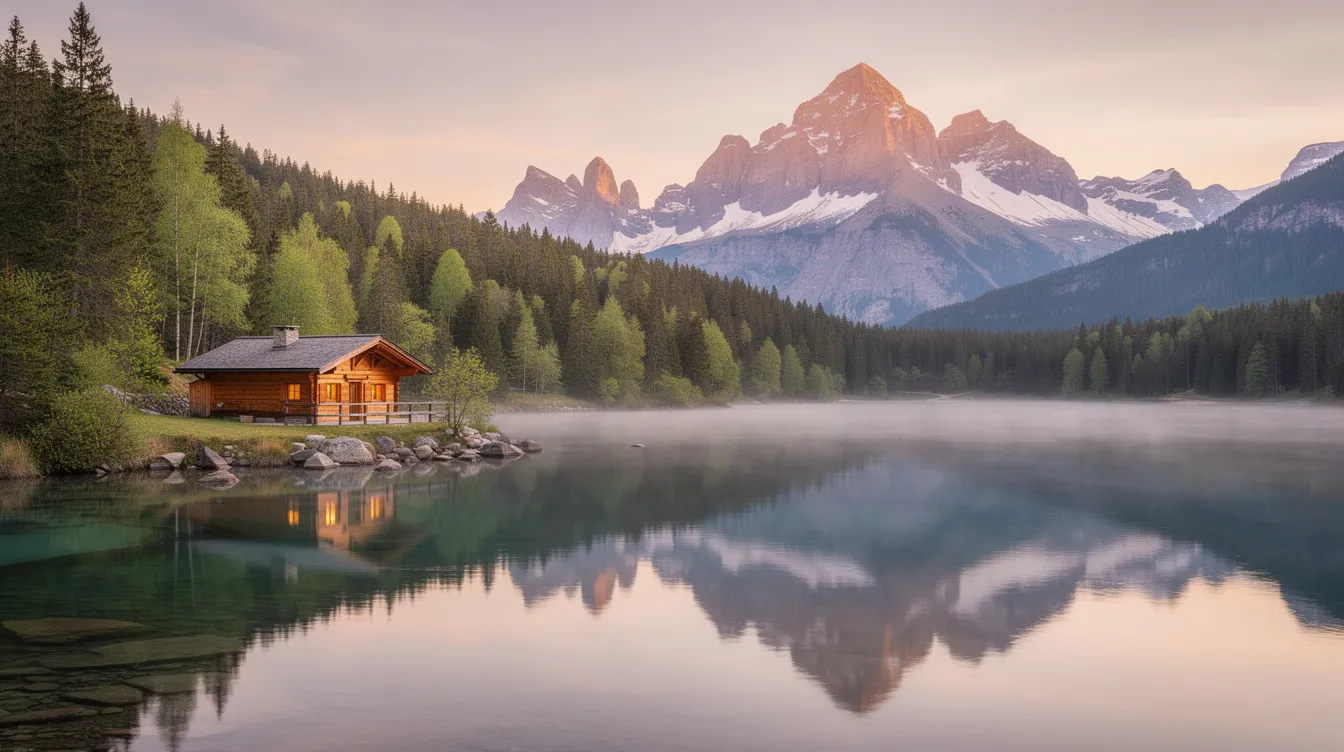 A wooden chalet stands on the edge of a tranquil lake, surrounded by lush green forest and with majestic mountains in the background. This peaceful scene evokes an atmosphere of relaxation and nature, ideal for those looking for waterfront properties.