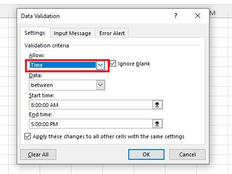 Choose Time from the Allow drop-down box.