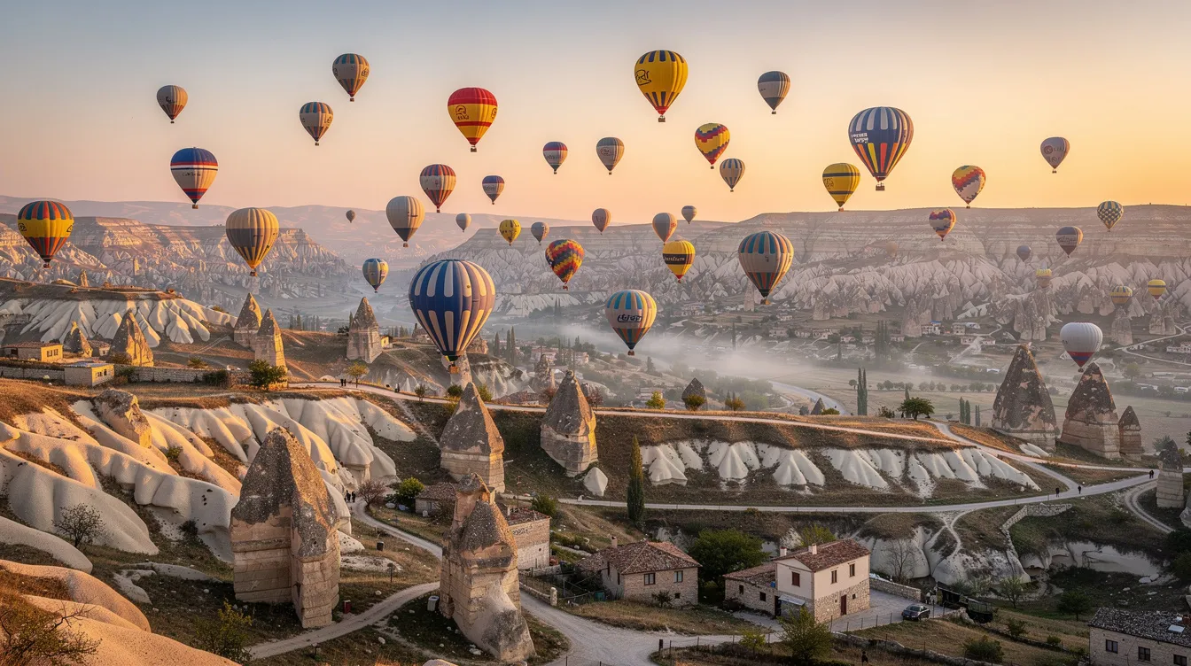 Un paisaje impresionante muestra globos aerostáticos flotando sobre los valles rocosos de Capadocia, Turquía. Este destino turístico es famoso por su belleza natural y su singular geografía, atrayendo a viajeros de todo el mundo.