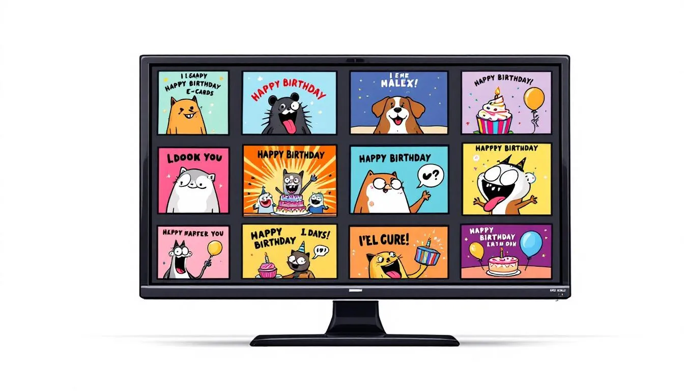 A collection of funny birthday ecards displayed on a screen.