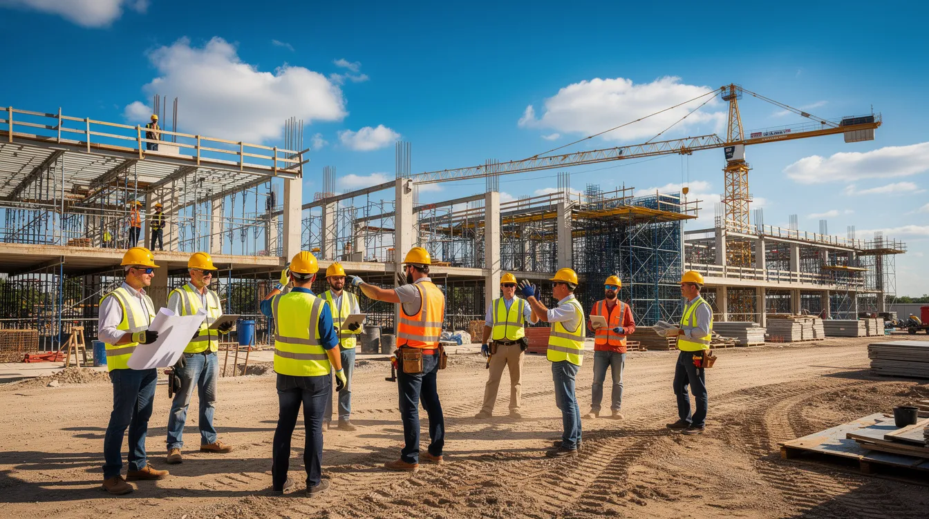 A group of construction workers wearing hard hats and safety vests is actively engaged on a large commercial jobsite in Central Texas, under a bright summer sky. This scene highlights the importance of personal protective equipment and worker safety within the construction industry, reflecting the ongoing projects that are essential for meeting the region's population growth and digital infrastructure demands.