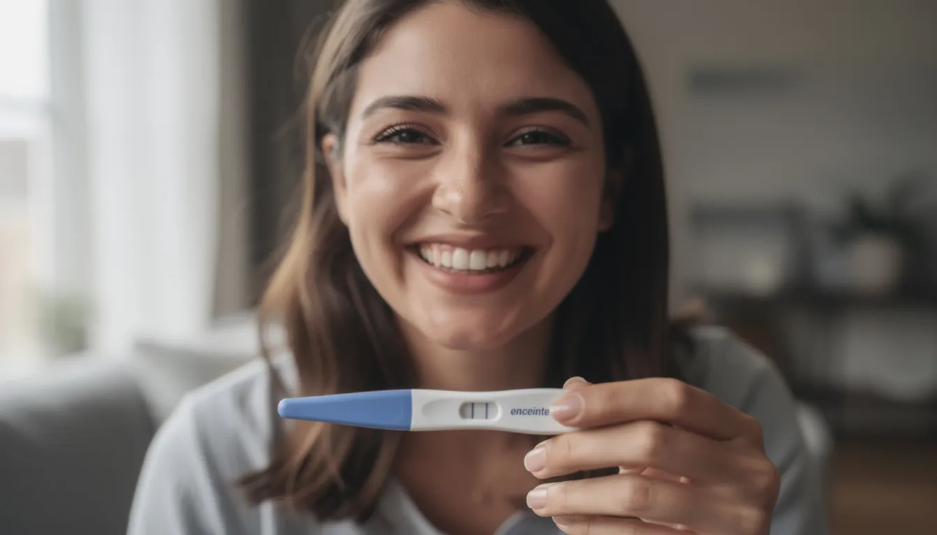 Une femme souriante tient un test de grossesse positif, symbolisant un moment de joie et d'espoir. Cette image évoque également le processus de fécondation in vitro et les chances de réussite liées au transfert d'embryons, qu'ils soient frais ou congelés.