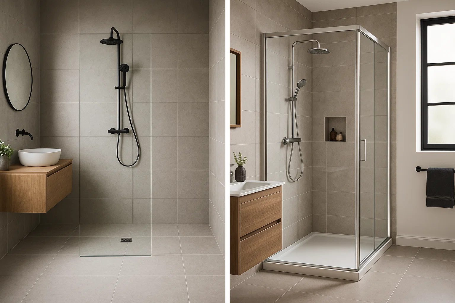 Comparison of wet room with floor drain and walk-in shower enclosure with tray and glass screen.