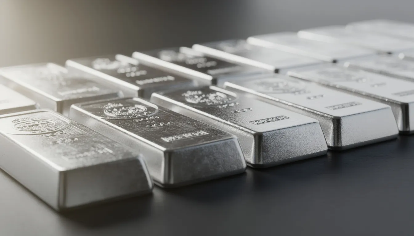 The image features silver bullion bars neatly arranged in rows, illuminated by natural light, showcasing their reflective surfaces. This visual representation of precious metals highlights the consistent demand for silver as a traditional safe haven asset amidst geopolitical uncertainty and market volatility.