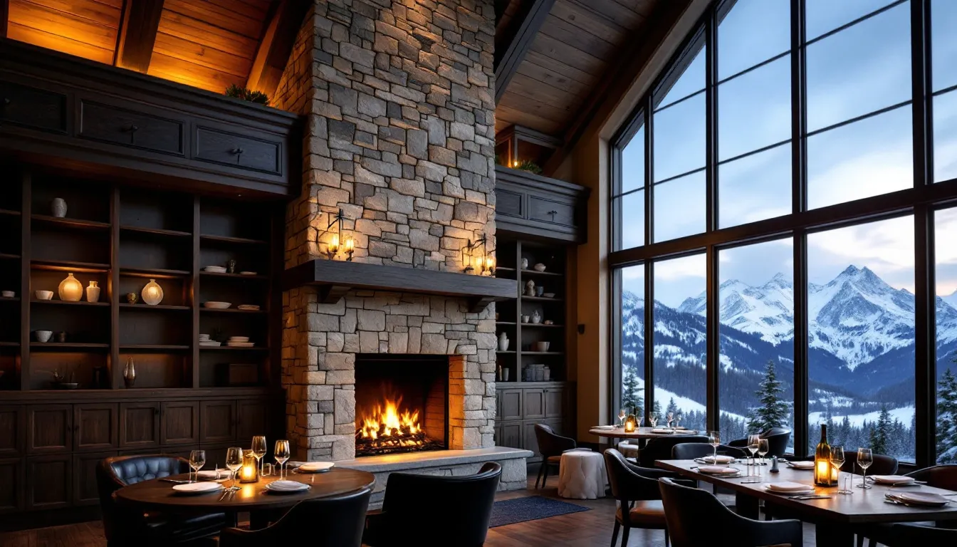 An elegant restaurant interior features a cozy stone fireplace and large windows that offer stunning views of the mountain landscape. This inviting space, part of Cedar Breaks Lodge in Brian Head, Utah, is perfect for enjoying delicious food and wine, making it an ideal spot for dinner or a refreshing experience after a day of outdoor activities.