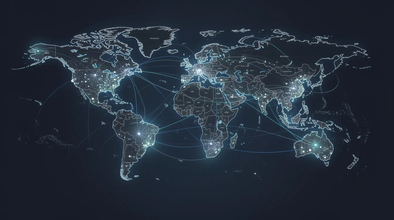 The image depicts a world map illuminated with glowing connection lines linking major cities, symbolizing international money transfers and global financial networks. This visual represents the interconnectedness of financial institutions, facilitating secure transactions for sending and receiving money across multiple currencies.