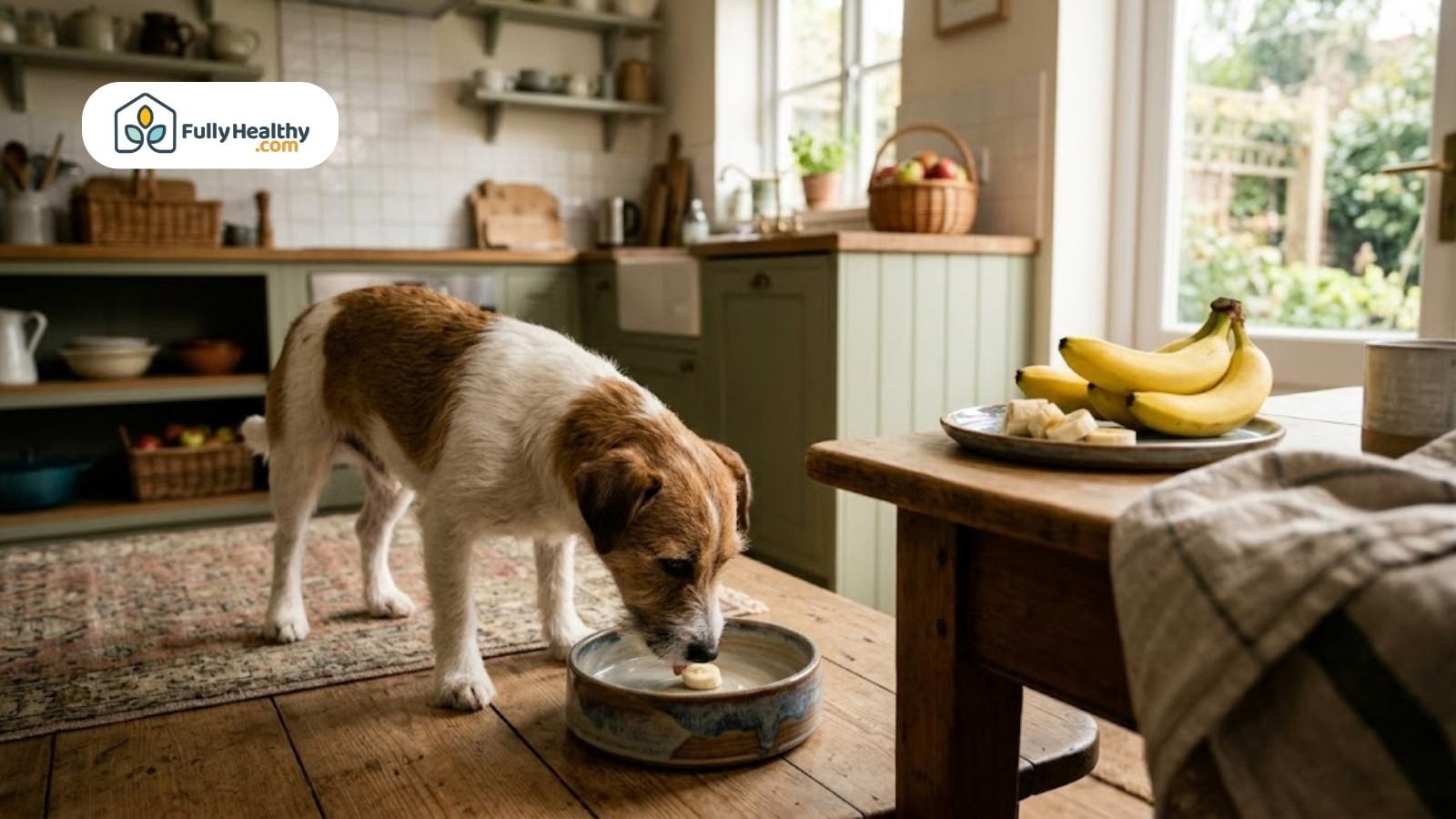 Small dog eating banana slices from bowl on cozy kitchen floor
