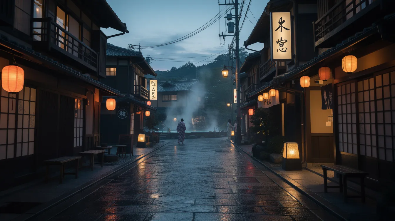 The image depicts an evening view of a charming Japanese hot spring town, with warm lanterns illuminating the wooden buildings while steam rises in the background. Visitors, some wearing yukata and obi belts, stroll along the streets, creating a cozy and inviting atmosphere typical of Kinosaki Onsen.