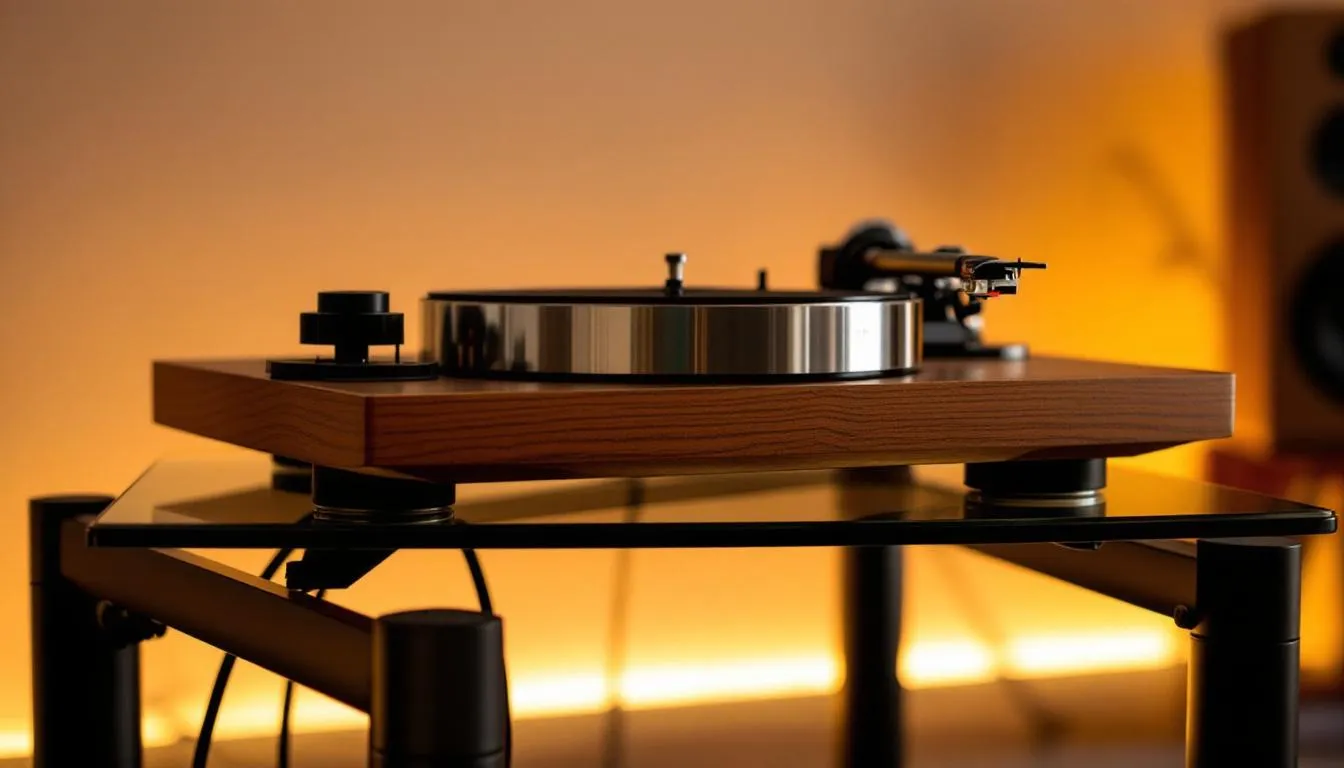 The image showcases a high-end audiophile turntable setup featuring a precision tonearm and cartridge, designed for optimal sound quality. It includes various components like a belt drive turntable, speakers, and a dust cover, appealing to vinyl purists and music enthusiasts alike.