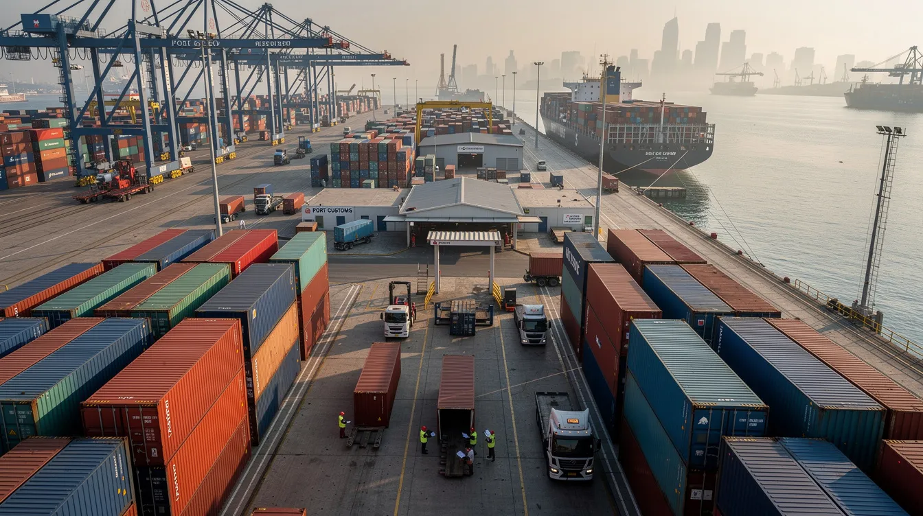 W porcie widać kontenery transportowe podczas odprawy celnej, co może wiązać się z powstaniem obowiązku podatkowego VAT z chwilą dokonania dostawy towarów. Scena ukazuje intensywną działalność gospodarczą związana z importem towarów i rozliczeniami podatkowymi.