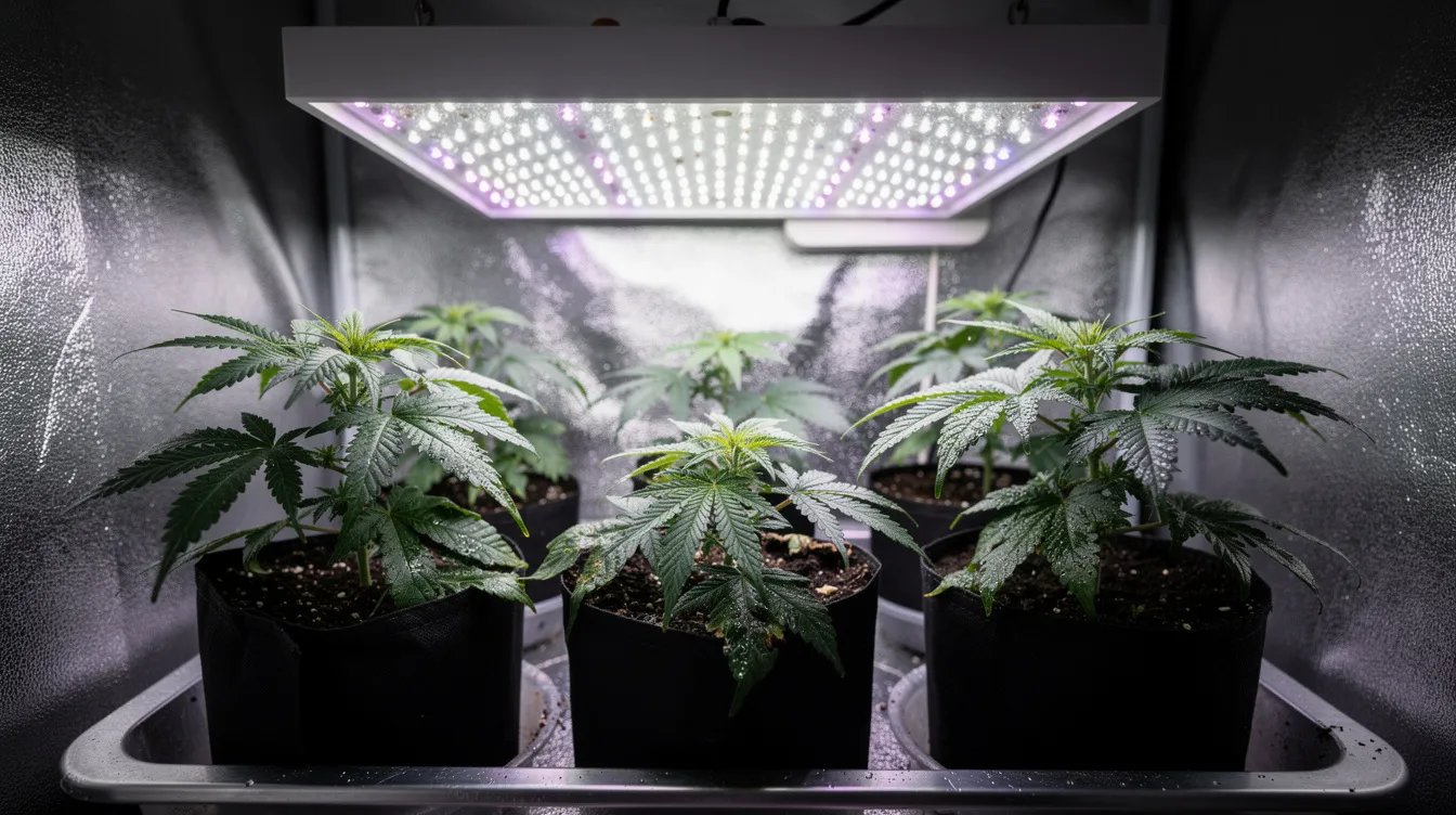 An LED grow light illuminates healthy cannabis plants in the vegetative stage that are being grown indoors. The plants have robust leaves and are part of the cannabis growth process, which is crucial for development during the vegetative phase.