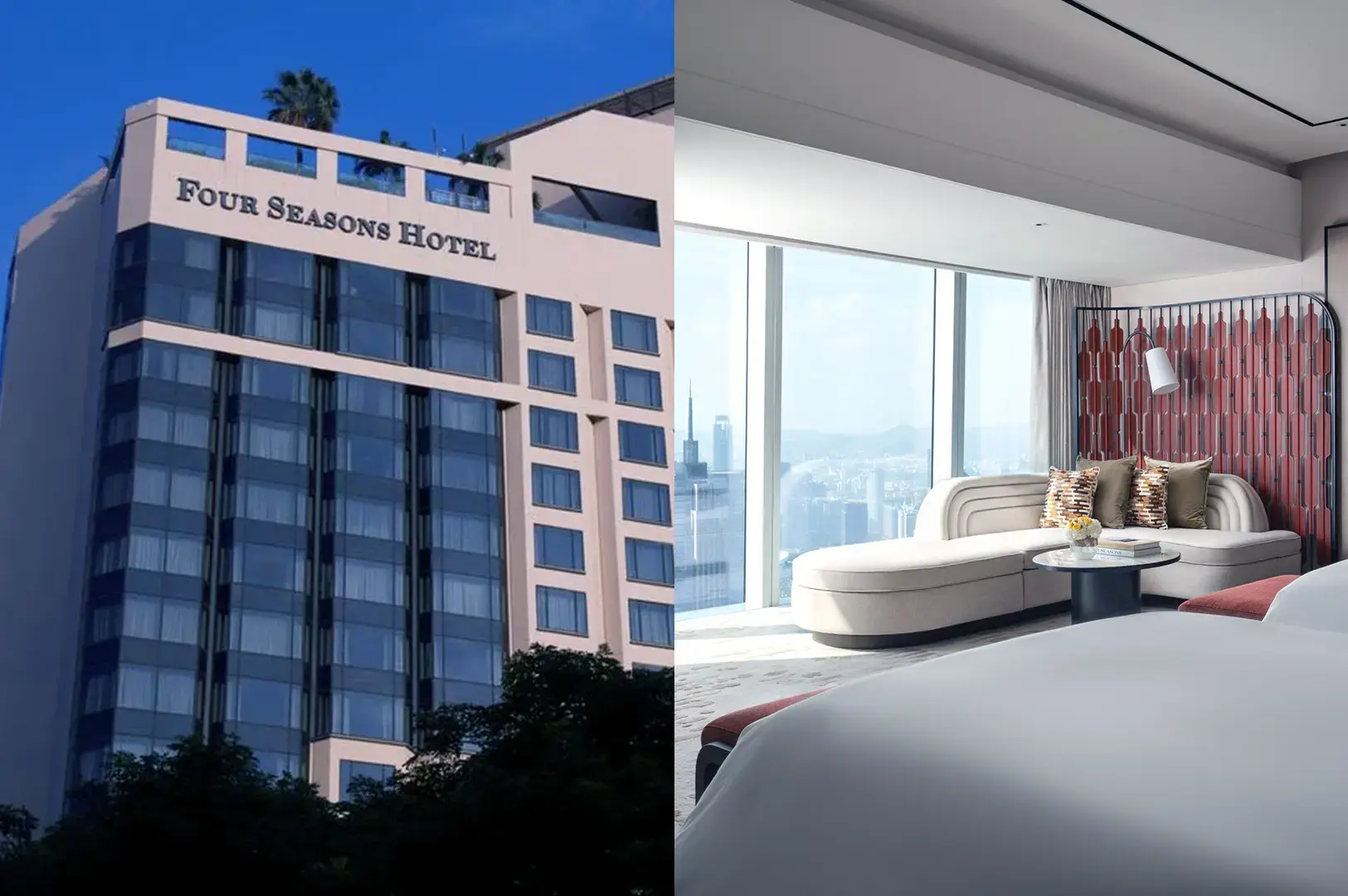 Four Seasons Hotel exterior with contemporary facade and palm trees alongside a suite with curved sofa and panoramic windows
