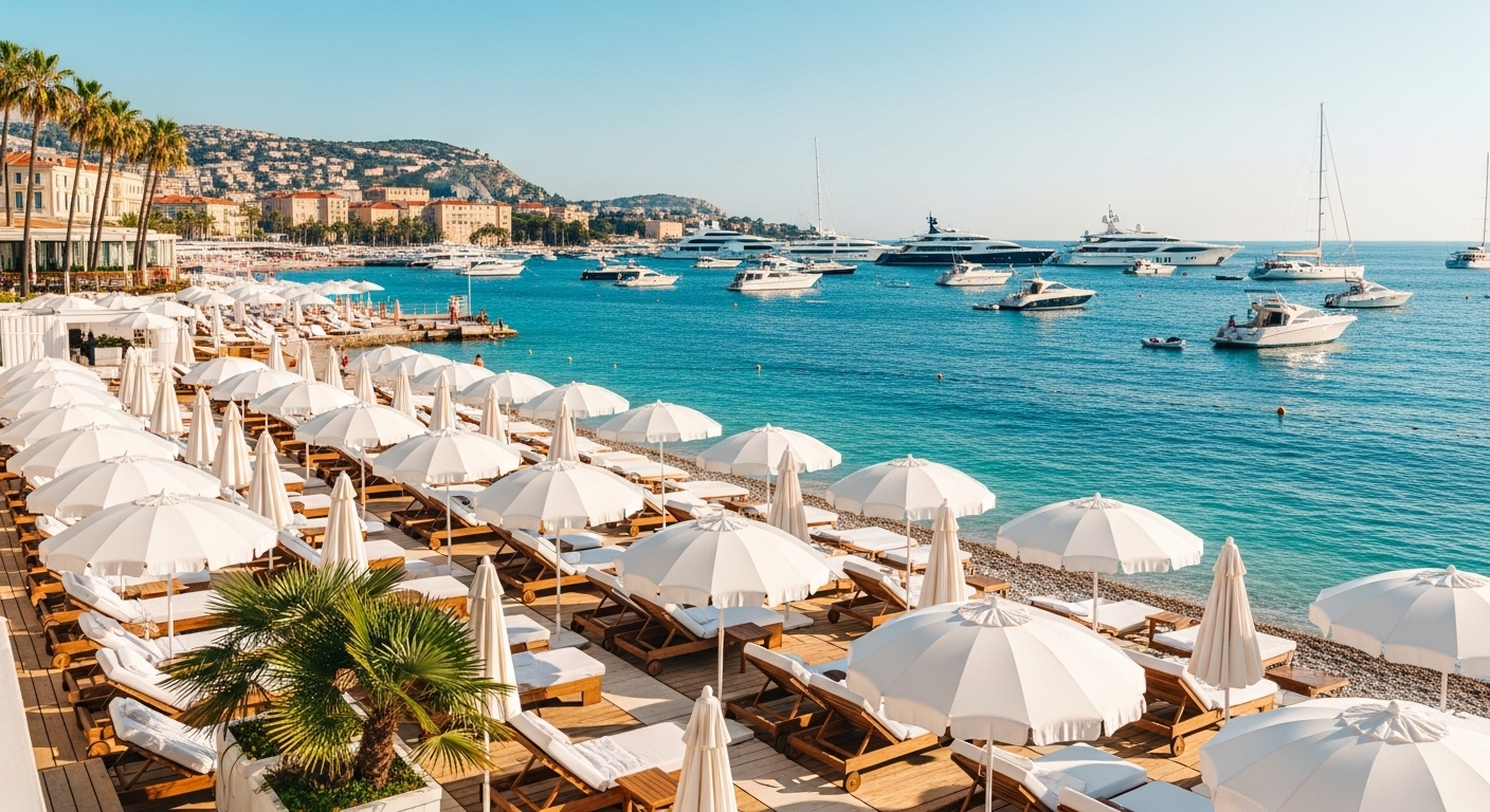 Luxury beach club on the French Riviera with loungers, umbrellas, and yachts on the Mediterranean Sea.