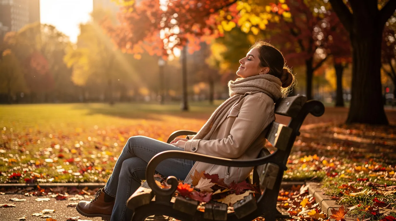 Eine Person sitzt auf einer Parkbank und genießt das warme Sonnenlicht im Herbst, umgeben von bunten Blättern. Diese Szene verdeutlicht die Bedeutung von Sonnenlicht für die Bildung von Vitamin D im Körper, das für die Gesundheit von Knochen und Zähnen unerlässlich ist.